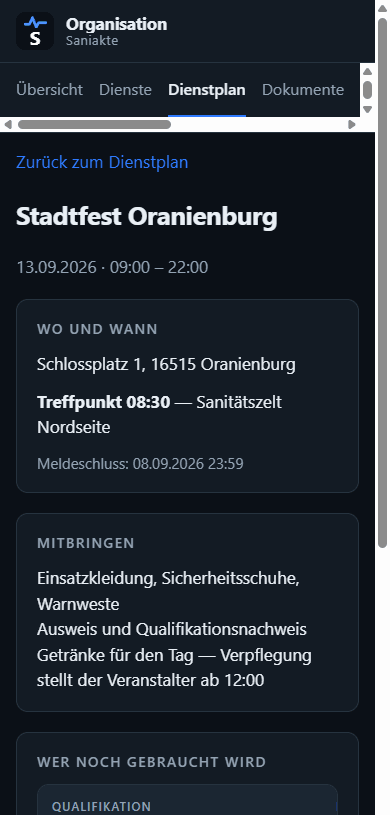 Dienstplan auf dem Telefon mit Treffpunkt und Mitbringliste